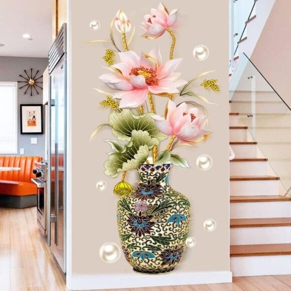 Peel and Stick Wall Decor Sticker Decorative Vase with Pink Lotus Design - Picture 2 of 9